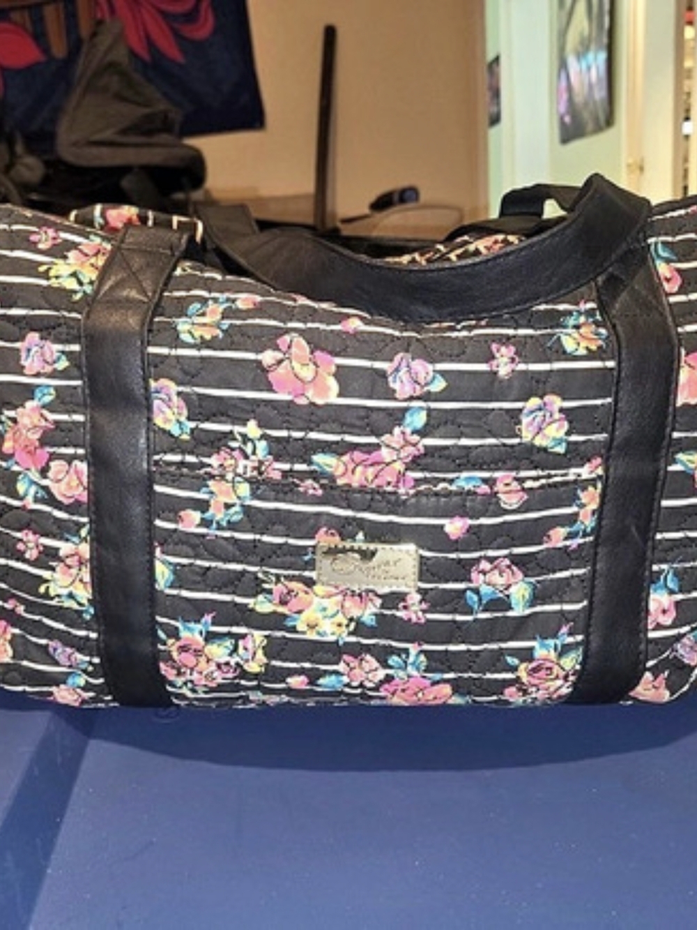 Betsey Johnson Floral Stripe Weekender Black & Pink